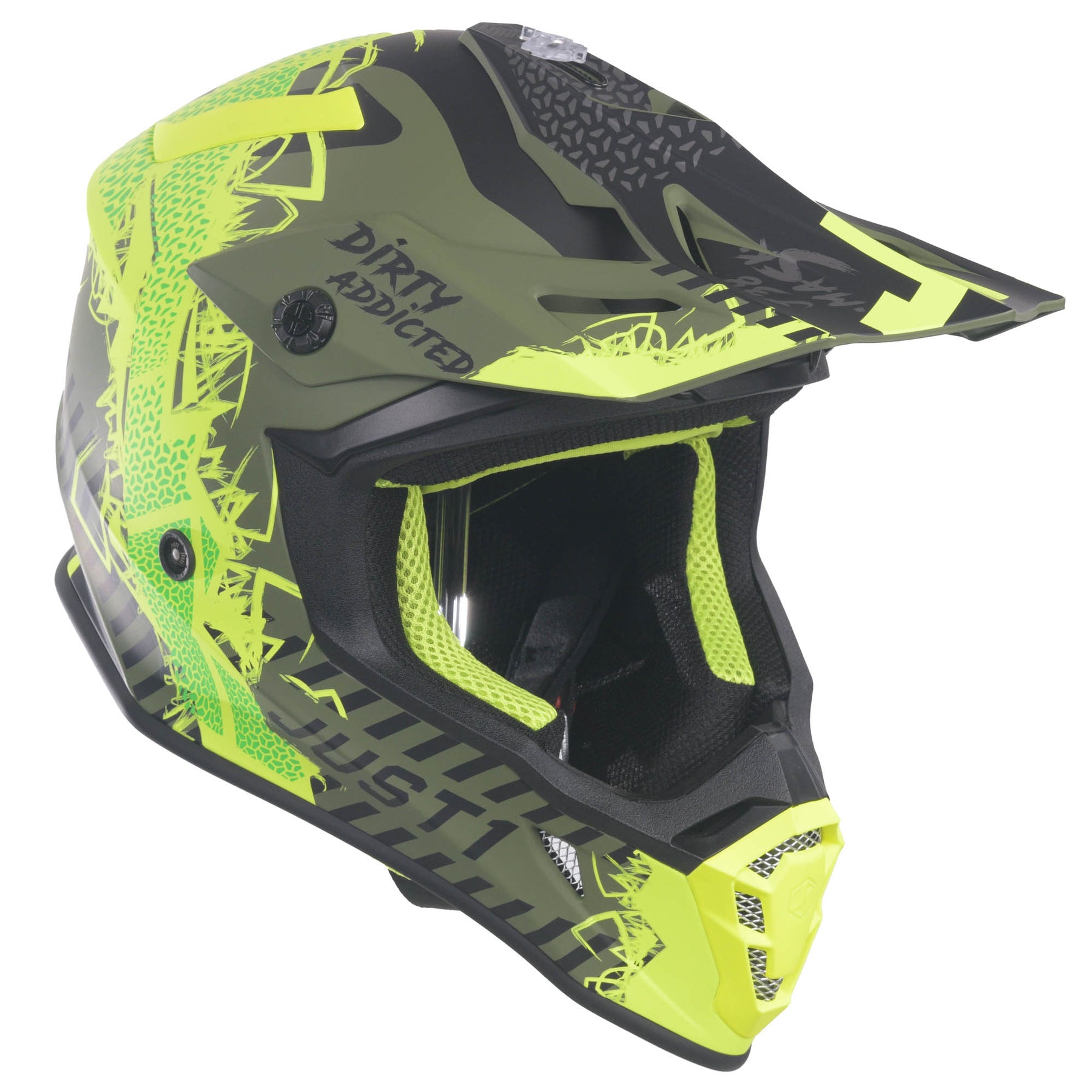 Just1 J38 Motocross MX Motorbike Helmet Mask Fluo Yellow/Black/Army Green Matt