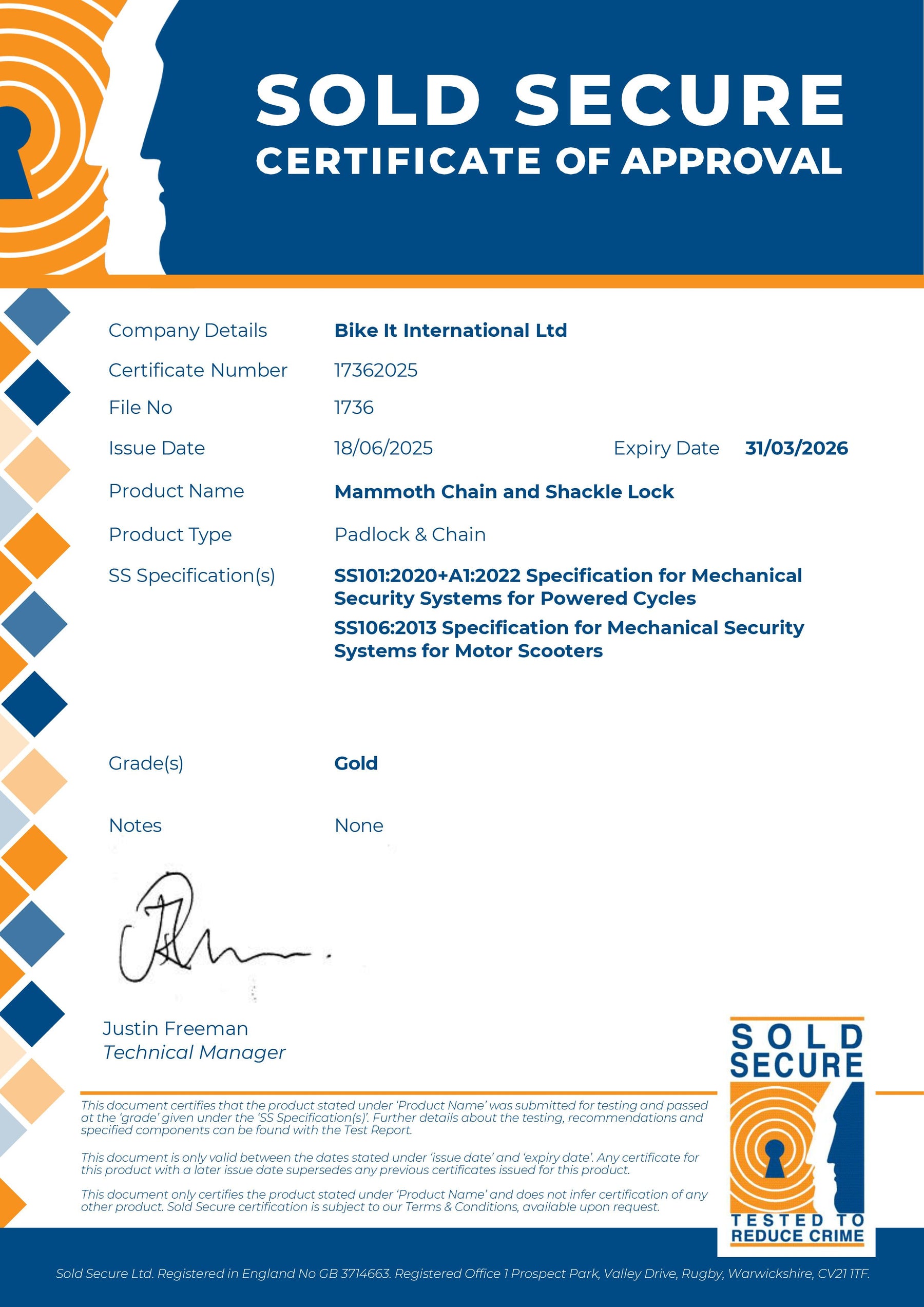 Mammoth Sold Secure Gold Approved 12mm x 1.2m Square Chain With Shackle Lock