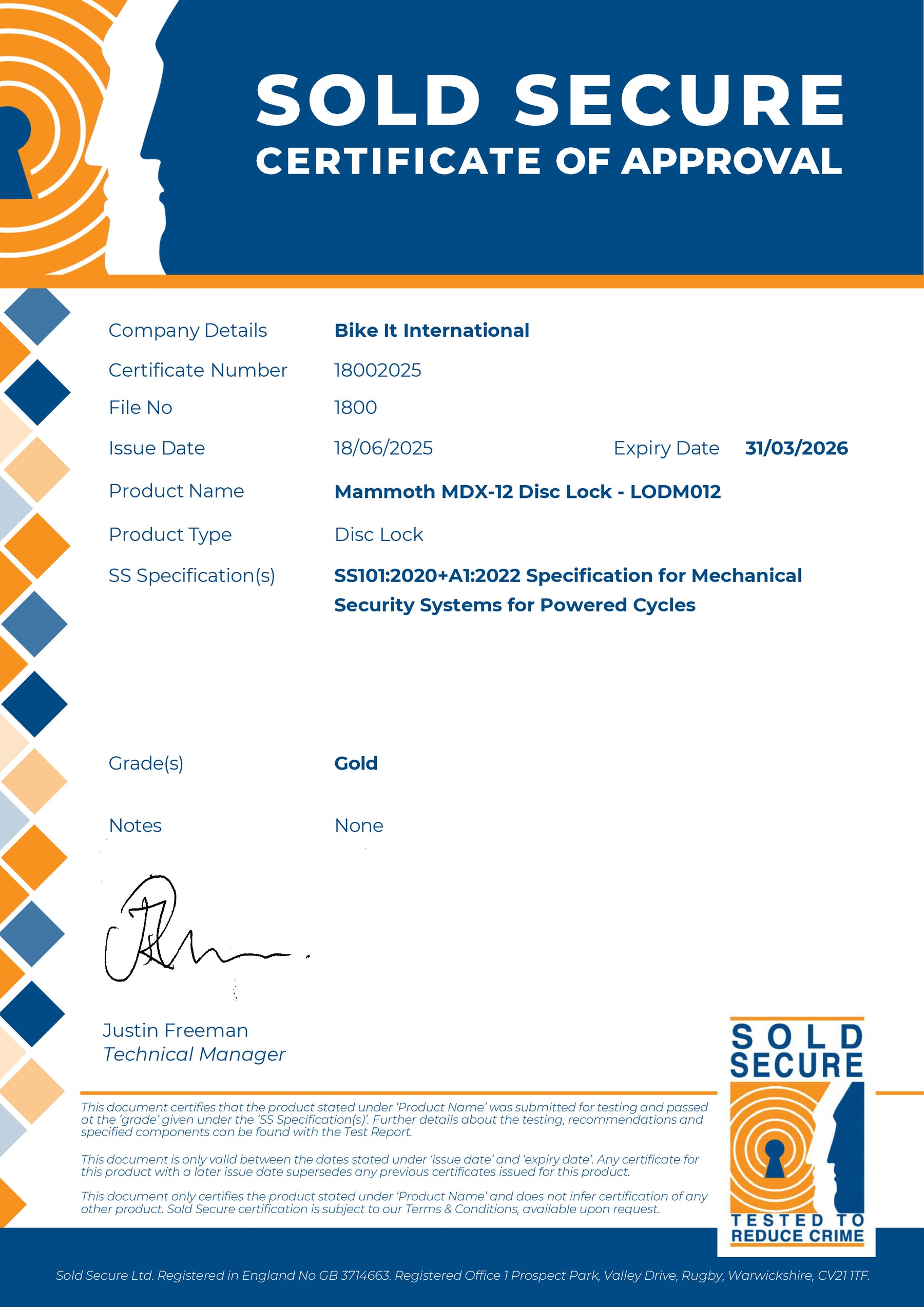 Mammoth Security MDX-12 Motorcycle Disc Lock 16mm - Sold Secure Gold Approved