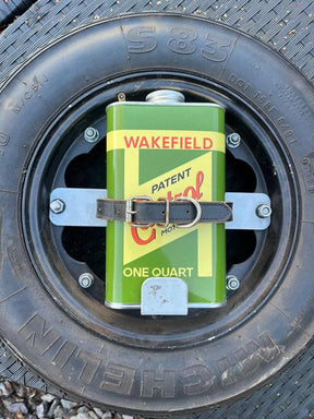 Lambretta Series 1 2 3 Li GP SX TV Spare Wheel Mounted Oil Can Holder with Castrol Can - Silver