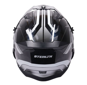 Stealth Fighter Multi Function Motorcycle Full & Open Face Helmet Graphic Orbit Black & Silver Gloss