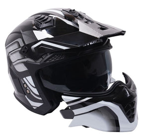 Stealth Fighter Multi Function Motorcycle Full & Open Face Helmet Graphic Orbit Black & Silver Gloss
