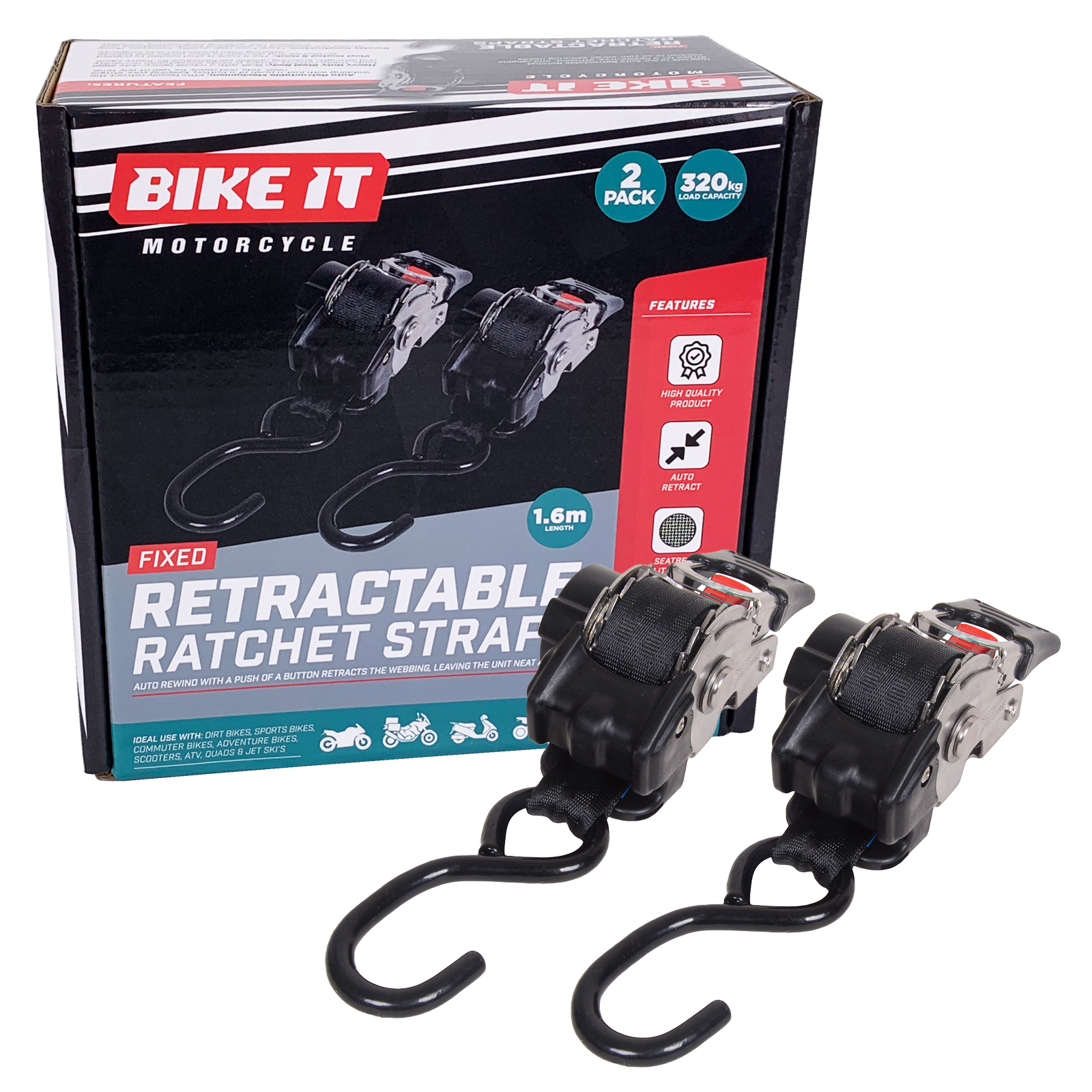 Bike It Fixed Auto Retractable Ratchet Tie Downs 25mm x 1.6m 2pc