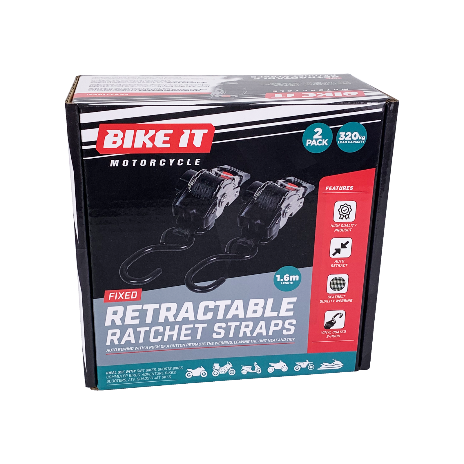 Bike It Fixed Auto Retractable Ratchet Tie Downs 25mm x 1.6m 2pc