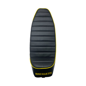 Vespa PX PE T5 Classic LML 2T Slope Back Ancillotti Seat with Logo & Double Pipings - Black with Yellow Piping & Logo