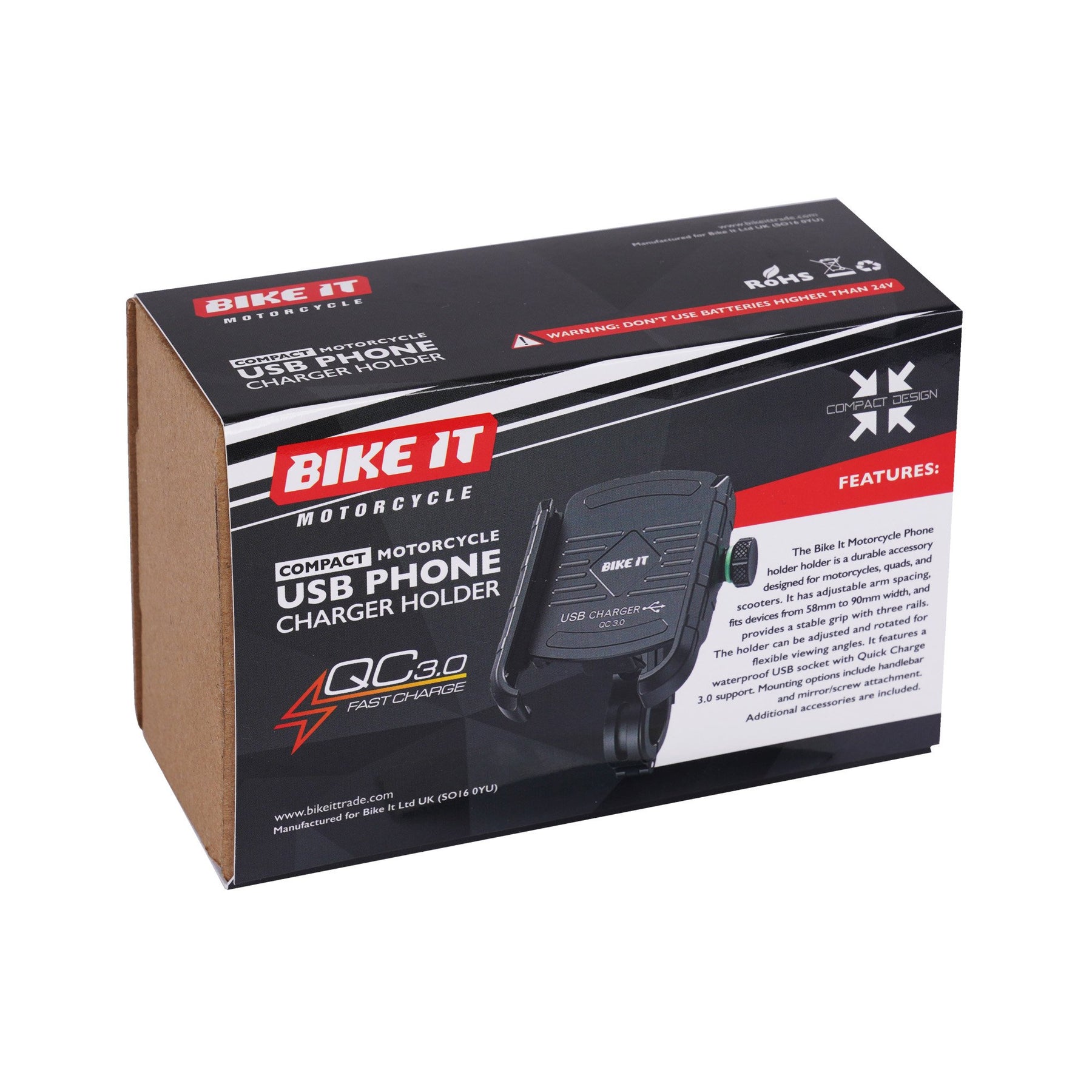 Bike It Compact Motorcycle USB QC3.0 Phone Charger Holder