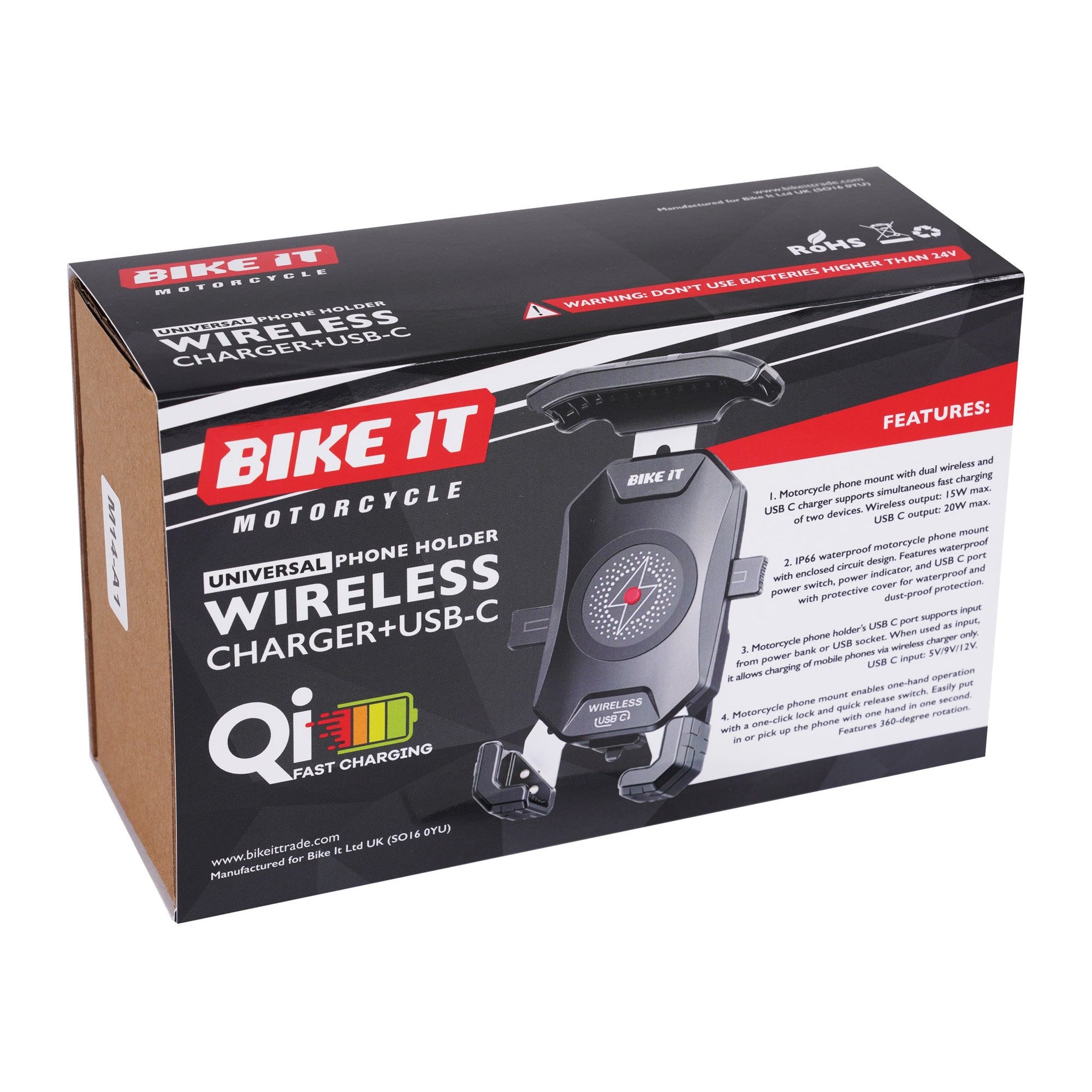 Bike It Universal Phone Holder Wireless Qi Charger + USB-C