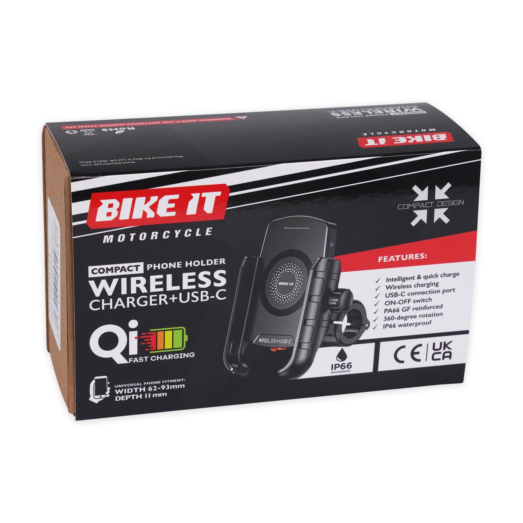Bike It Compact Motorcycle Wireless Charger + USB-C Phone Holder