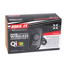 Bike It Compact Motorcycle Wireless Charger + USB-C Phone Holder