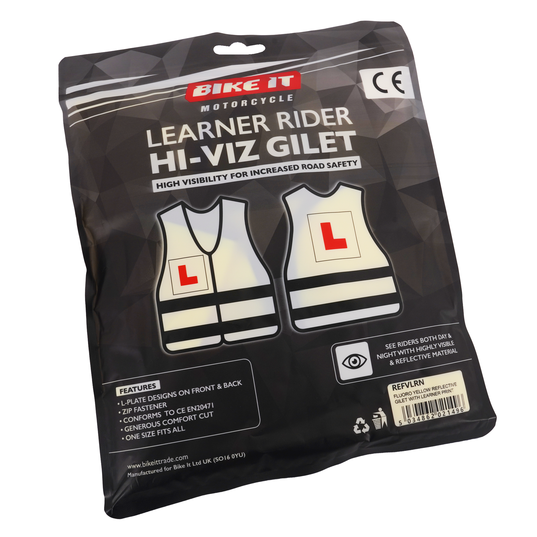 Bike It Reflective Gilet With Printed L-Plates Fluoro Yellow