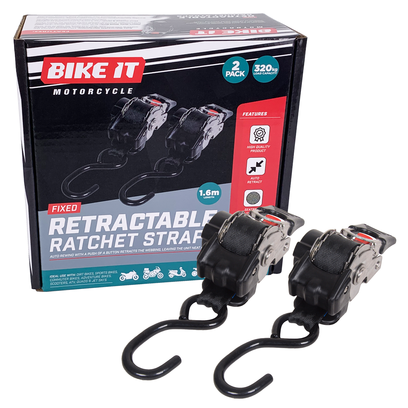 Bike It Fixed Auto Retractable Ratchet Tie Downs – 25mm x 1.6m (2 Pack)