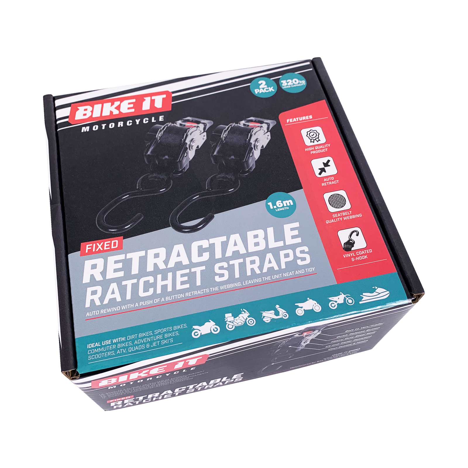 Bike It Fixed Auto Retractable Ratchet Tie Downs – 25mm x 1.6m (2 Pack)