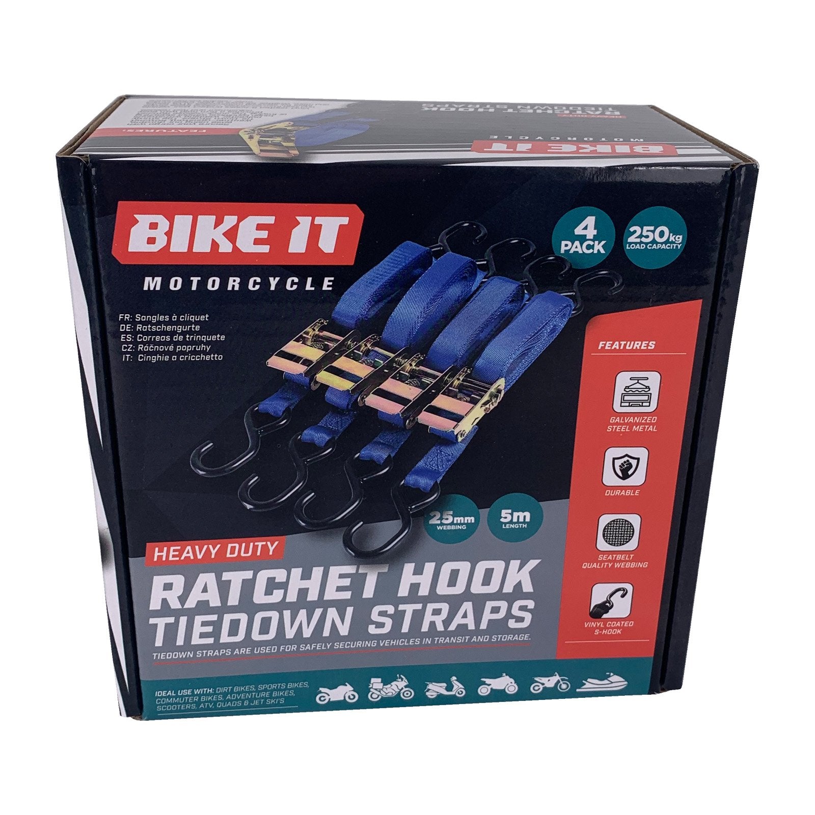 Bike It Tiedown Straps – 25mm x 5m with Ratchet Adjuster (4 Pack)