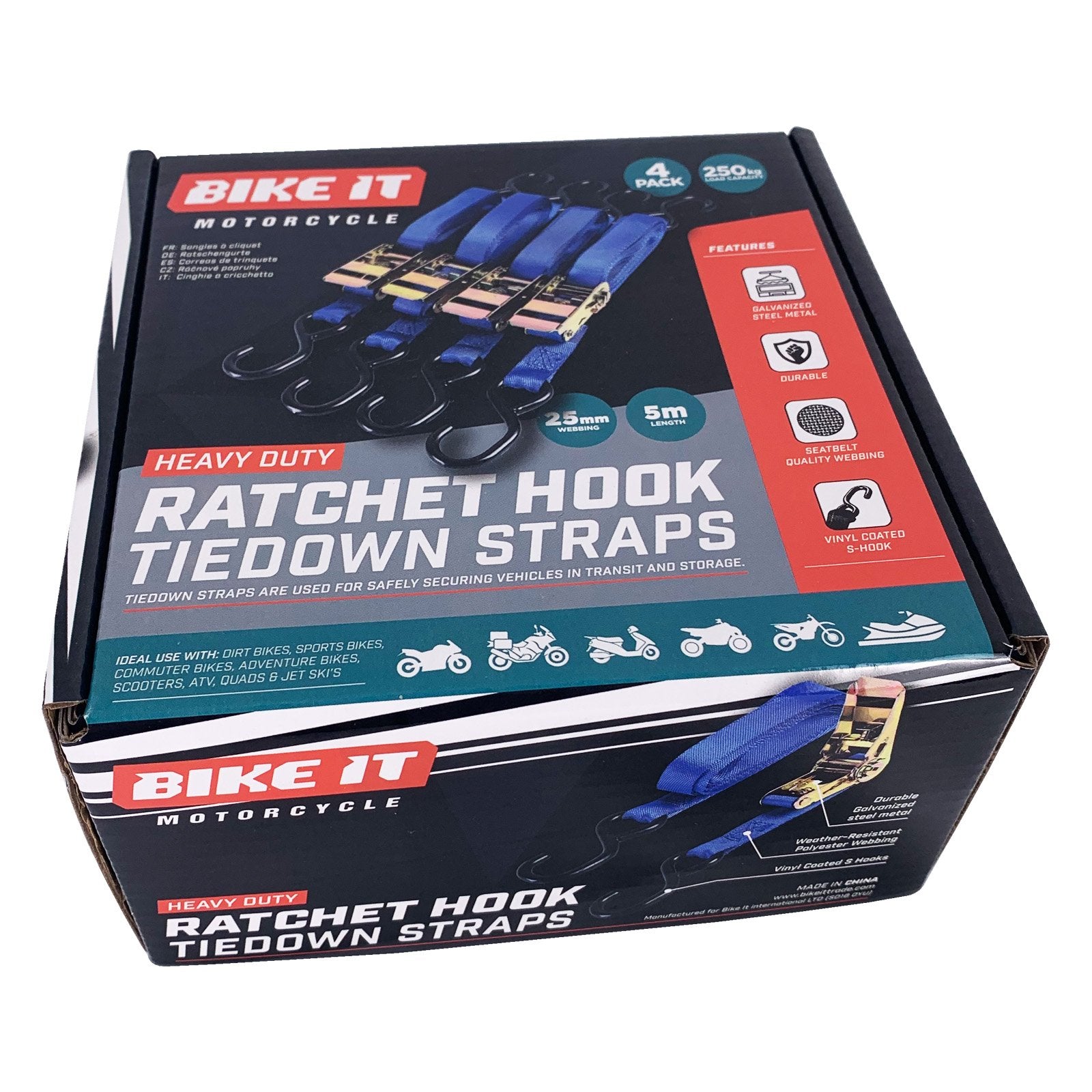 Bike It Tiedown Straps – 25mm x 5m with Ratchet Adjuster (4 Pack)