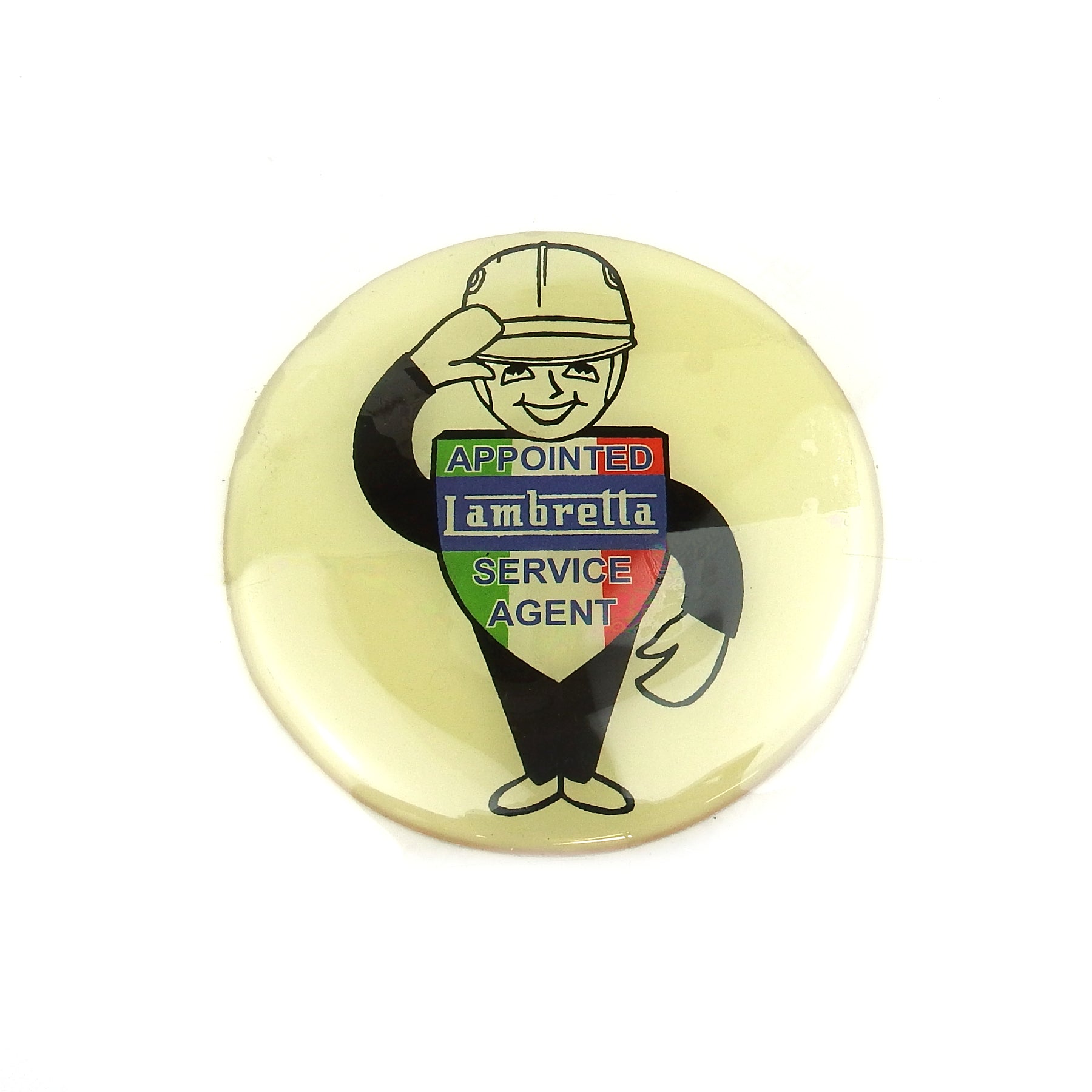Bar Badge Plaque Sticker - Lambretta Man Salute - Gel - 75mm Diameter