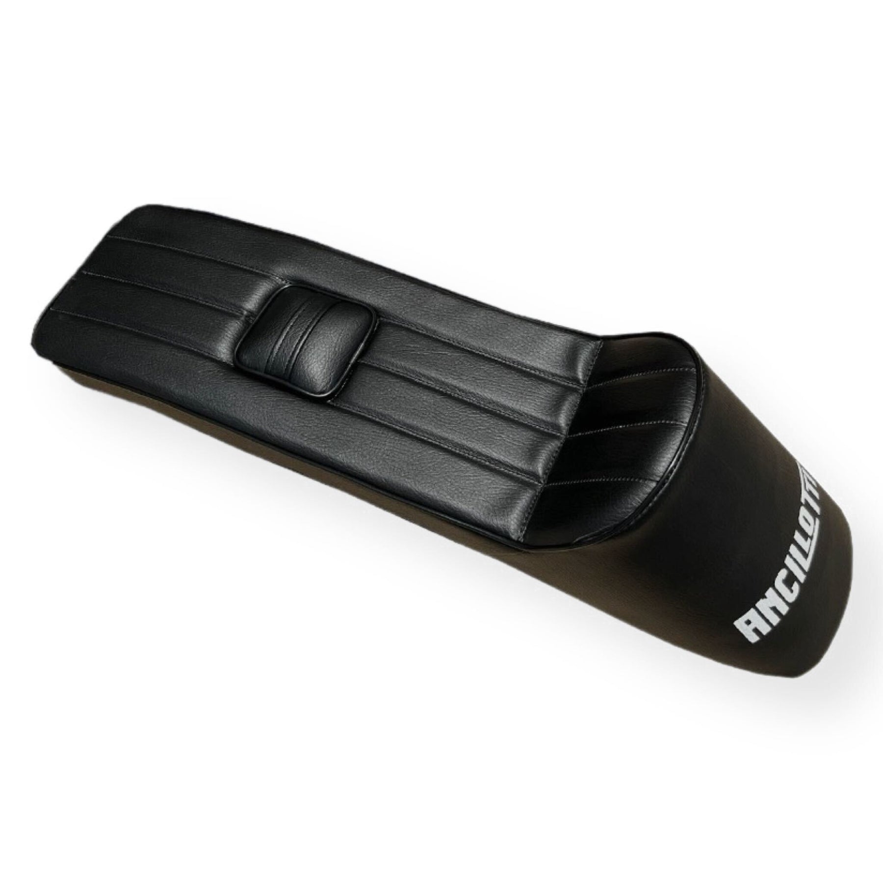 Lambretta Series 1 2 3 Ancillotti Extra Long Slope Back Gori Style Seat With Cut Fuel Hole - Black - White Logo