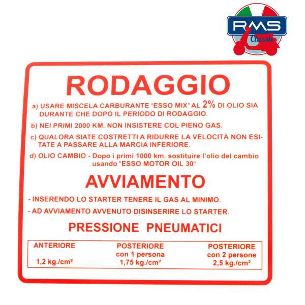 Vespa Rally 180 200 Rodaggio Running In Sticker 12cm x 11cm - Italian