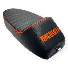 Vespa PX PE T5 Classic LML 2T Slope Back Ancillotti Seat with Logo & Double Pipings - Black with Orange Piping & Logo
