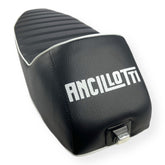 Vespa PX PE T5 Classic LML 2T Slope Back Ancillotti Seat with Logo & Double Pipings - Black with White Piping & Logo