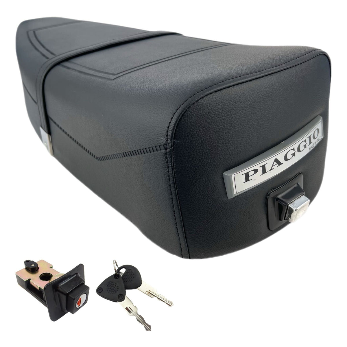 Vespa PX PE T5 Classic Standard Dual Bench Seat and Lock Bundle - Black Piaggio Logo