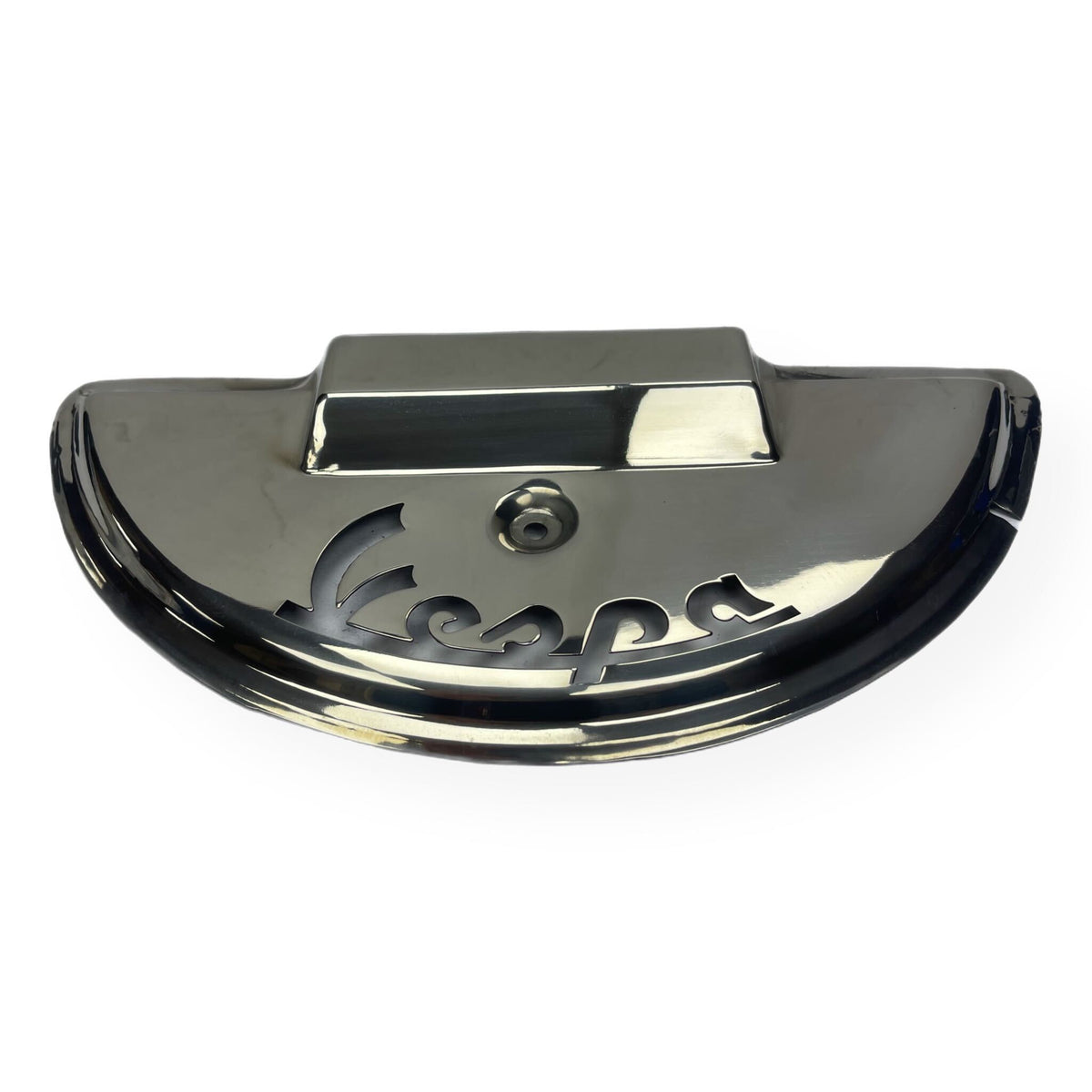 Vespa PX PE T5 Laser Cut Vespa Logo Spare Wheel Cover - Polished Stainless Steel