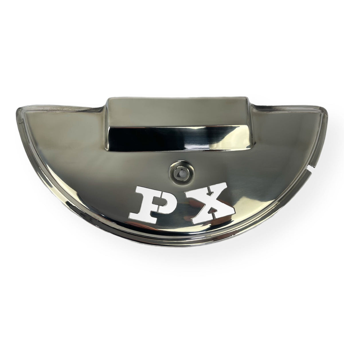Vespa PX Spare Wheel Cover Laser Cut PX Logo - Polished Stainless Steel