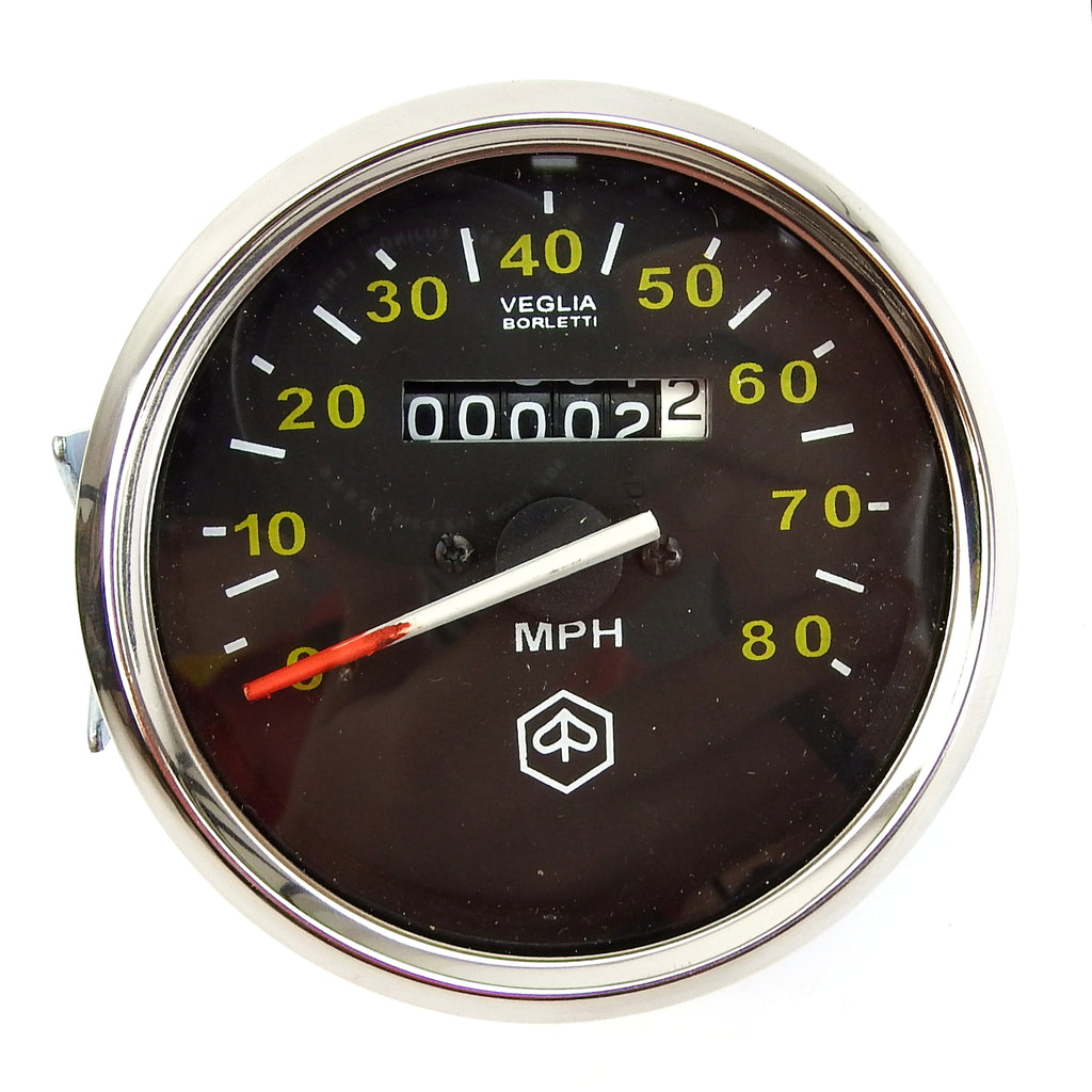 Vespa PX P125X P150X P200E 80 MPH Speedometer - Black Face Chrome Beze